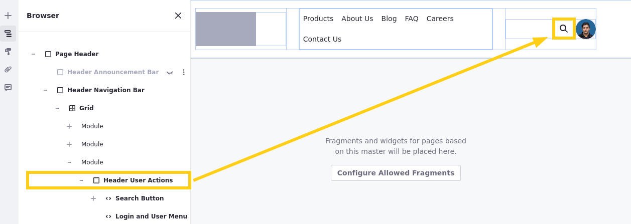 Add the Search Button fragment to the Header User Actions container.